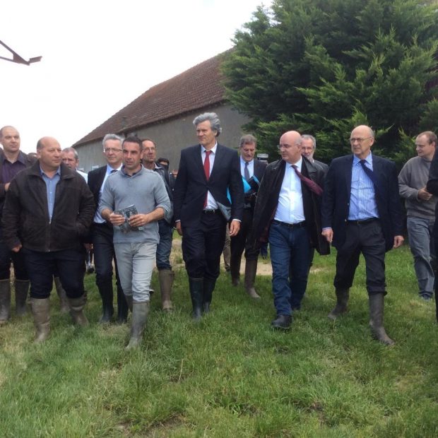 Stéphane Le Foll avec le préfet Nacer Meddah, le député Claude de Ganay, Fabien Venon, l'agriculteur sinistré.