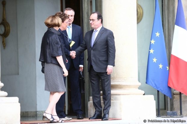 La députée du Loiret Marianne Dubois, saluée par François Hollande sur le perron de l'Elysée, au fond Jean-Marie Bockel.