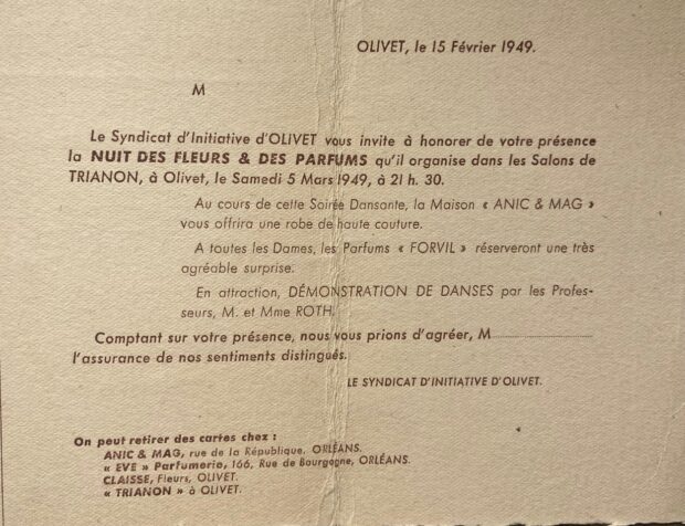 Carton d'invitation du Syndicat d'initiative d'Olivet en 1949