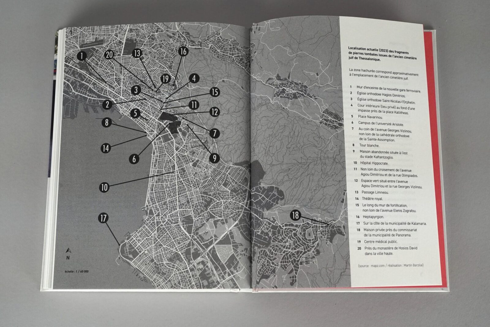 La carte de Thessalonique créée par Martin Barzilai pour recenser les fragments de tombes disséminés dans la ville.